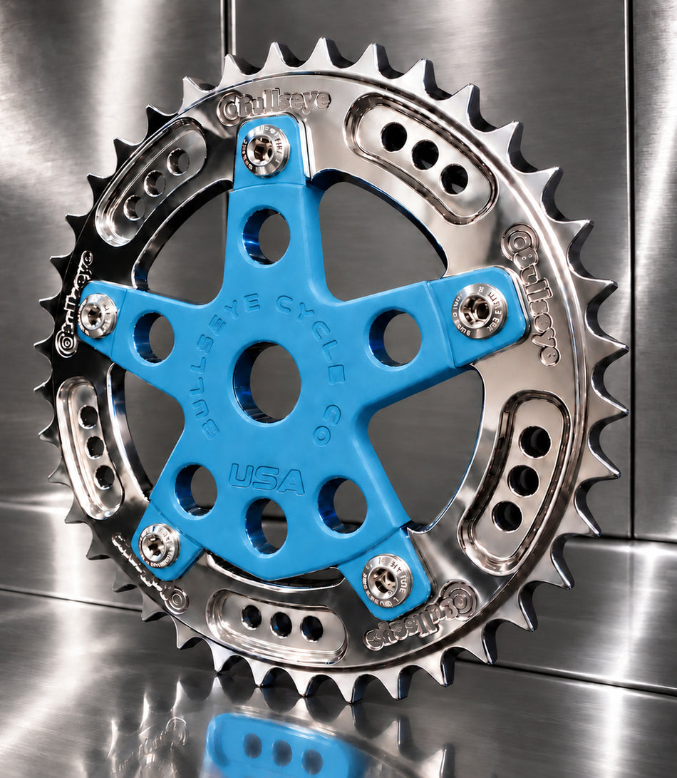 COMING SOON! - Bullseye 39t Raceworks Pro Drive System 5-Bolt Chainring / Spider Combo - SE Blue & Chrome