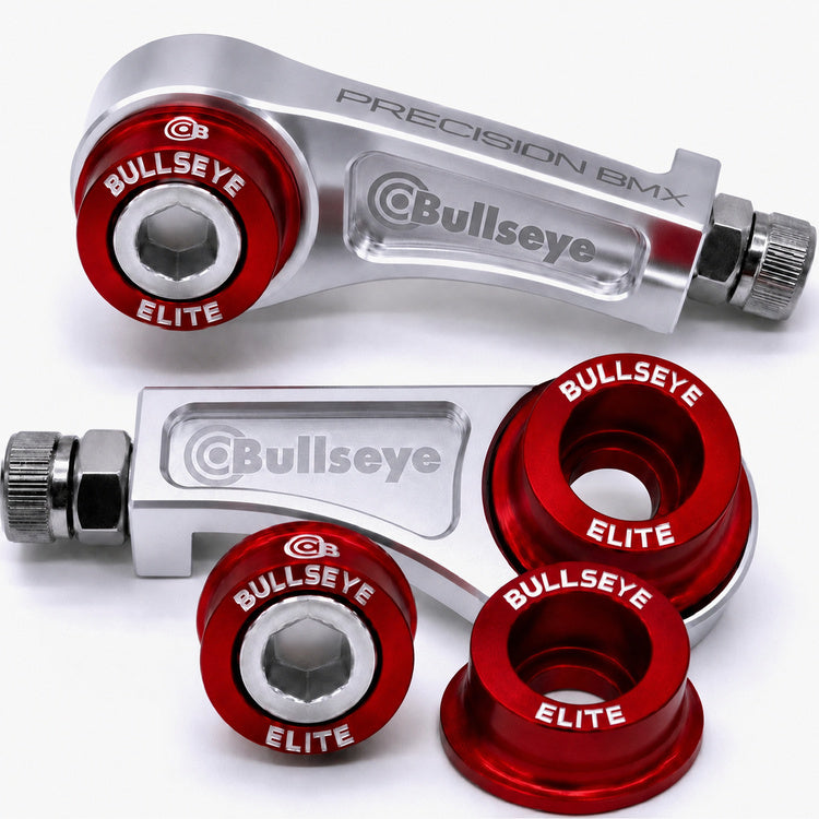 Bullseye Convertible Chain Tensioners & 4 Elite Volcano Washers  - Silver & Red