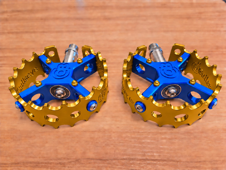 Bullseye Pro X Round Caged Pedals - Blue & Gold