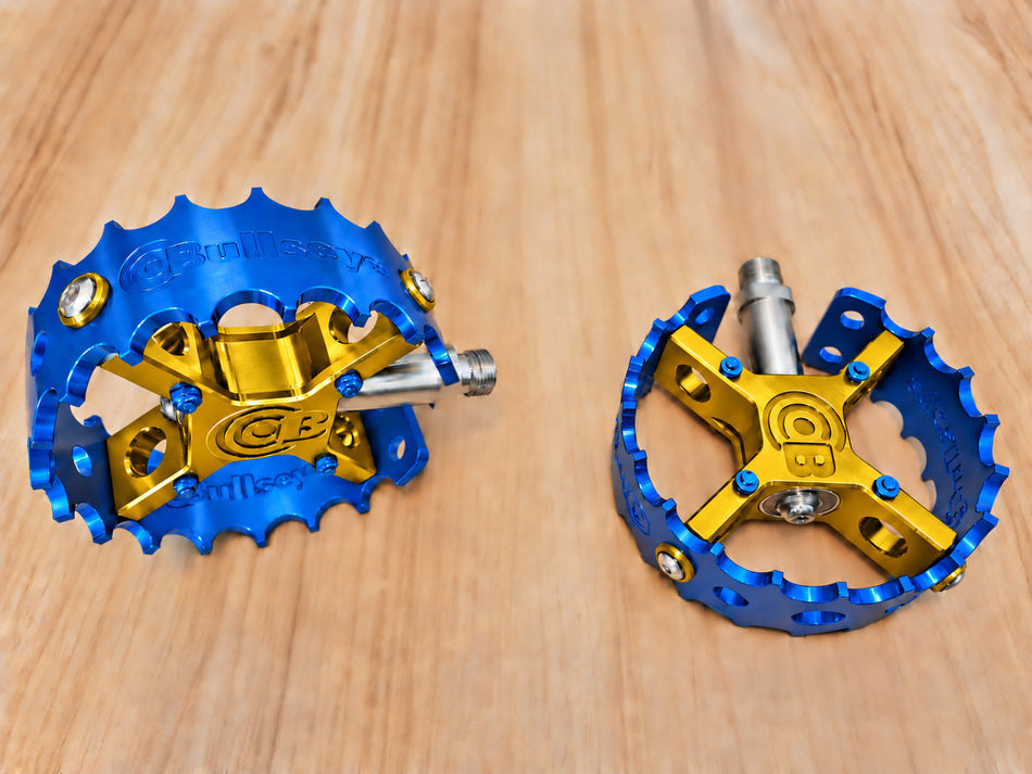 Bullseye Pro X Round Caged Pedals - Blue & Gold