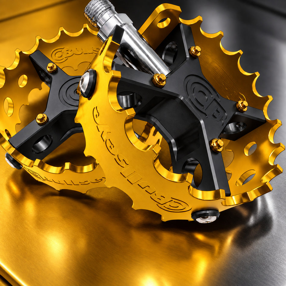 Bullseye Pro X Round Caged Pedals - Black & Gold