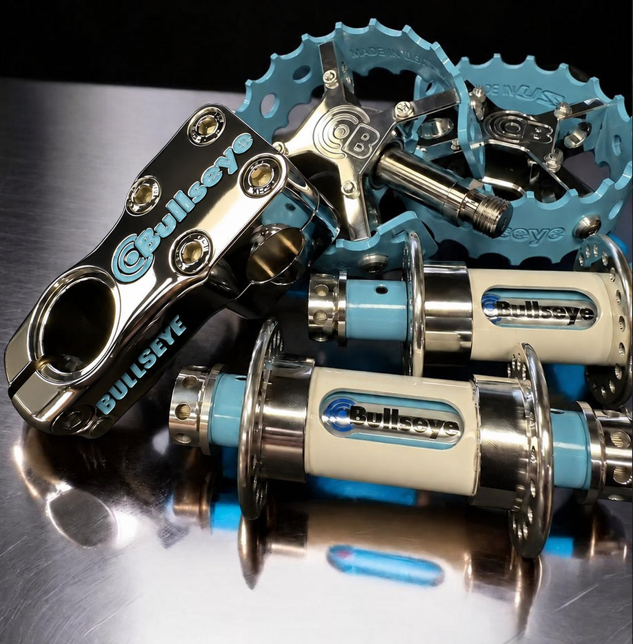 TAKING PRE-ORDERS NOW! - Bullseye 39t Chainring/Spider, Hubs, Stem, Pedals, Clamp Combo 1 - SE Blue & Chrome