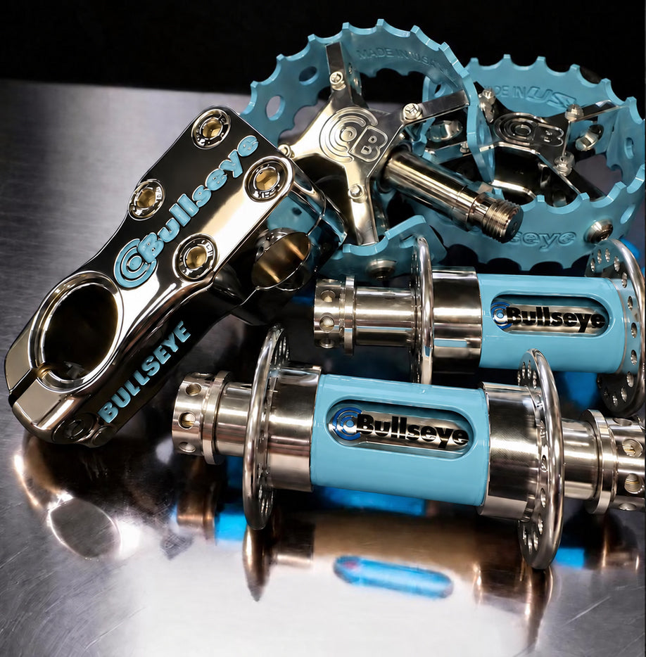 TAKING PRE-ORDERS NOW! - Bullseye 39t Chainring/Spider, Hubs, Stem, Pedals, Clamp Combo 2 - SE Blue & Chrome