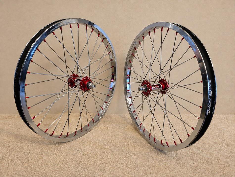 Bullseye 20" Slotted Sealed Wheelset - 36h - 3/8" axles - Red & Polished