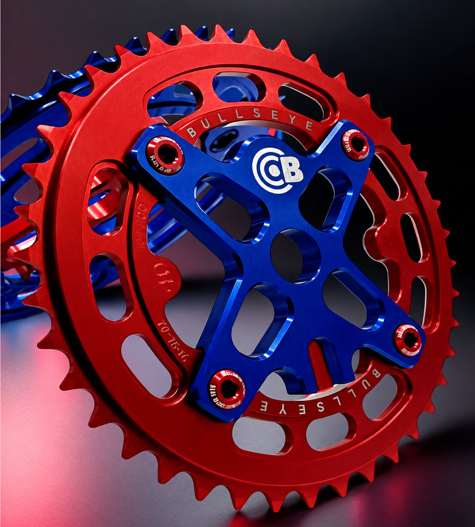Bullseye 44t Raceworks 4-Bolt Chainring / Spider Combo - Red & Blue
